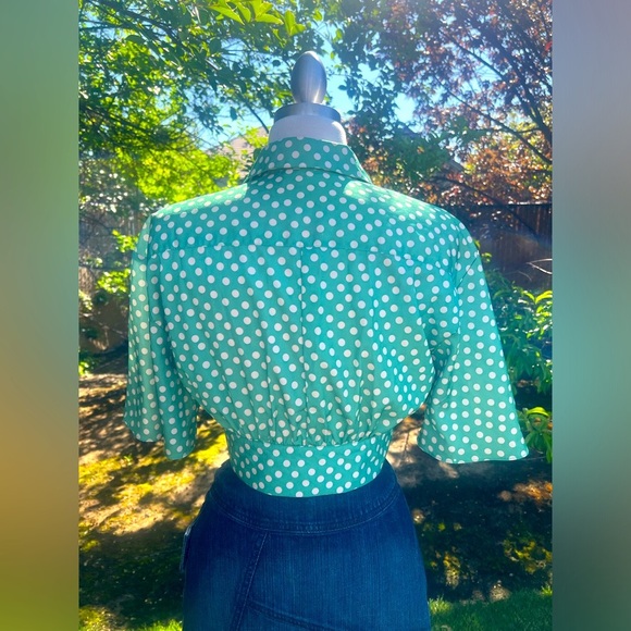 Polka Dot Tie-Front Blouse - Green - Picture 6 of 8